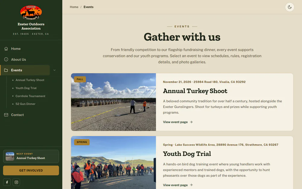Screenshot of the Exeter Outdoors Association events page