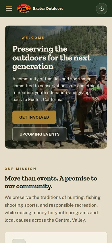 Screenshot of the Exeter Outdoors Association home page on a phone