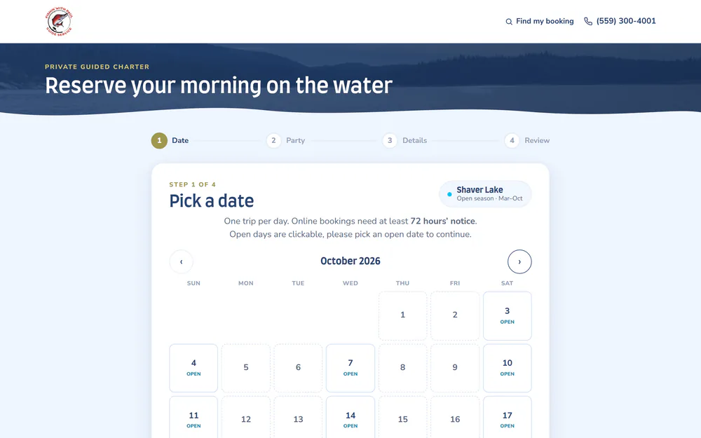 Screenshot of the Fishin' With Paul booking calendar