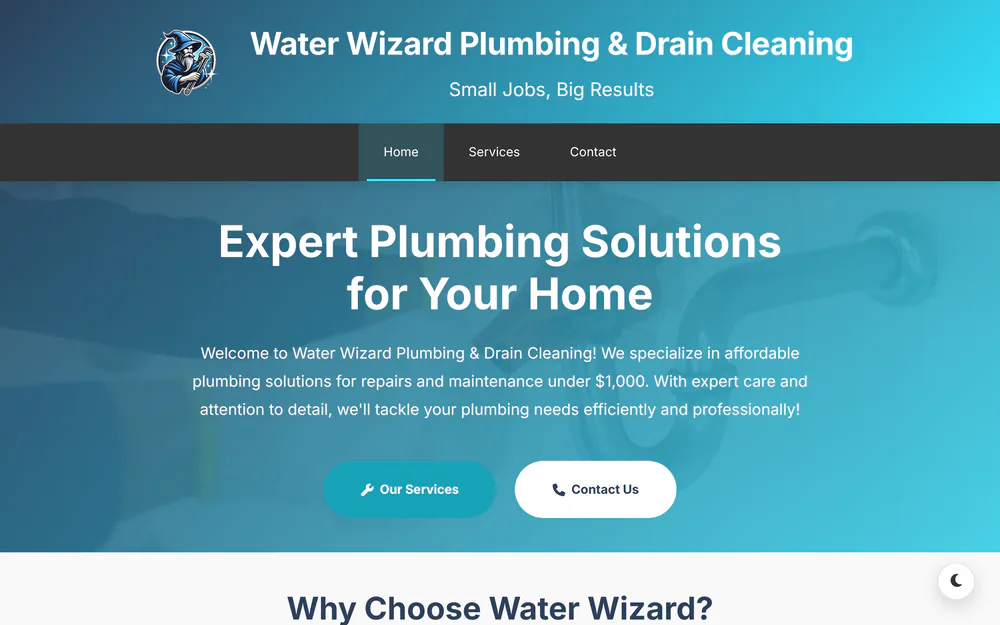 Screenshot of the Water Wizard Plumbing & Drain Cleaning home page