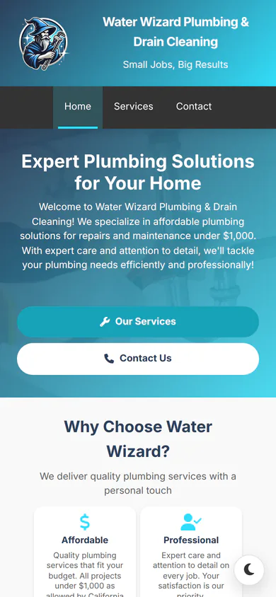 Screenshot of the Water Wizard Plumbing & Drain Cleaning home page on a phone